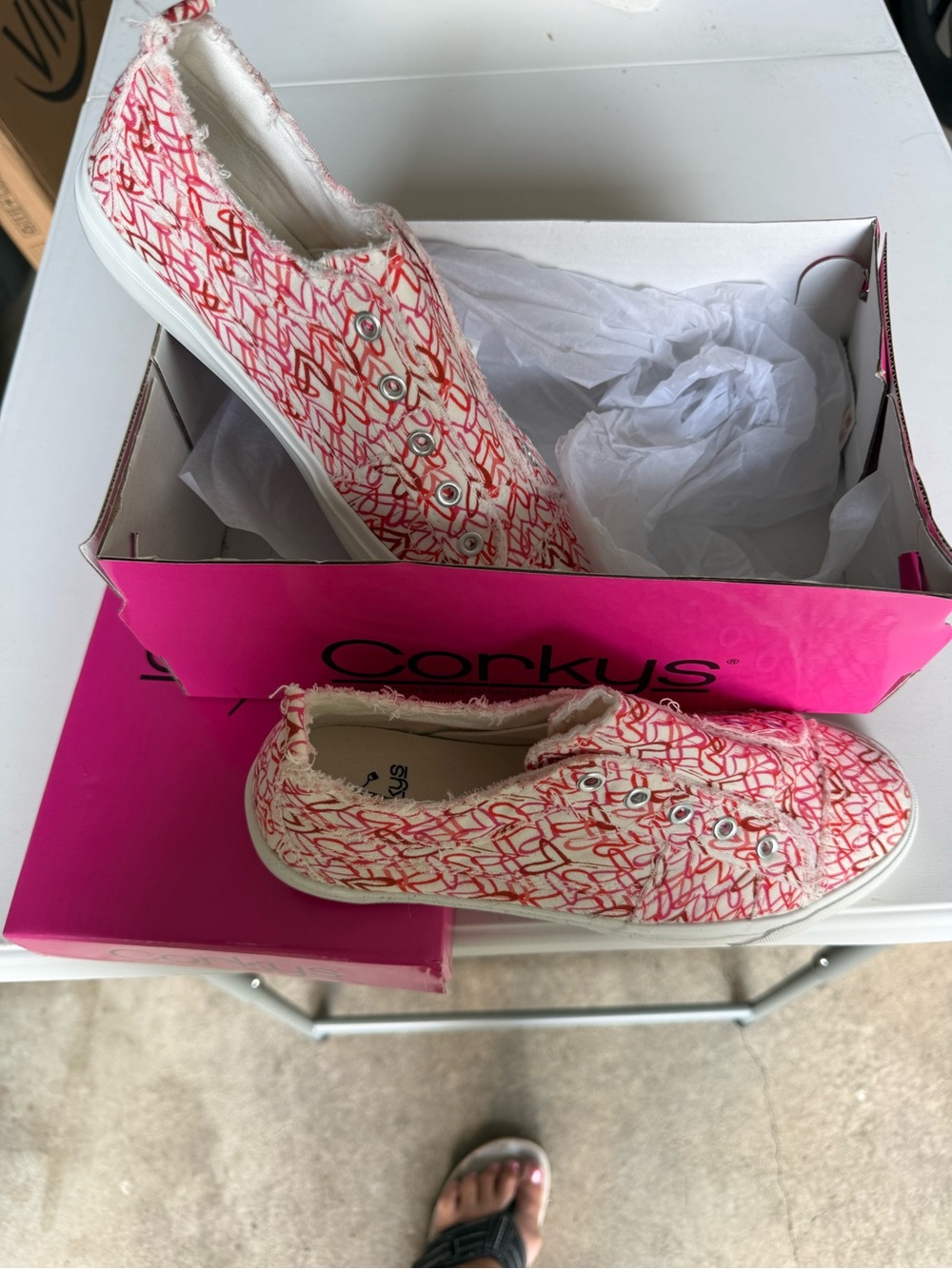 Corkys White Canvas Slip-On Sneakers with Pink Scribble Print